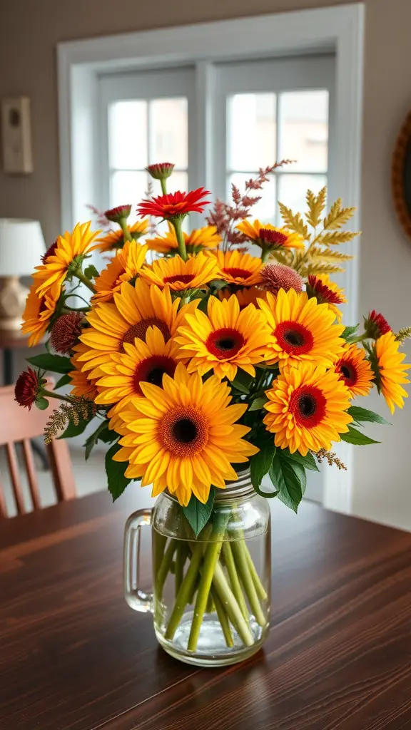 17 Stunning Fall Centerpieces for Your Dining Table 4 A vibrant autumn floral bouquet featuring sunflowers and red flowers in a mason jar.