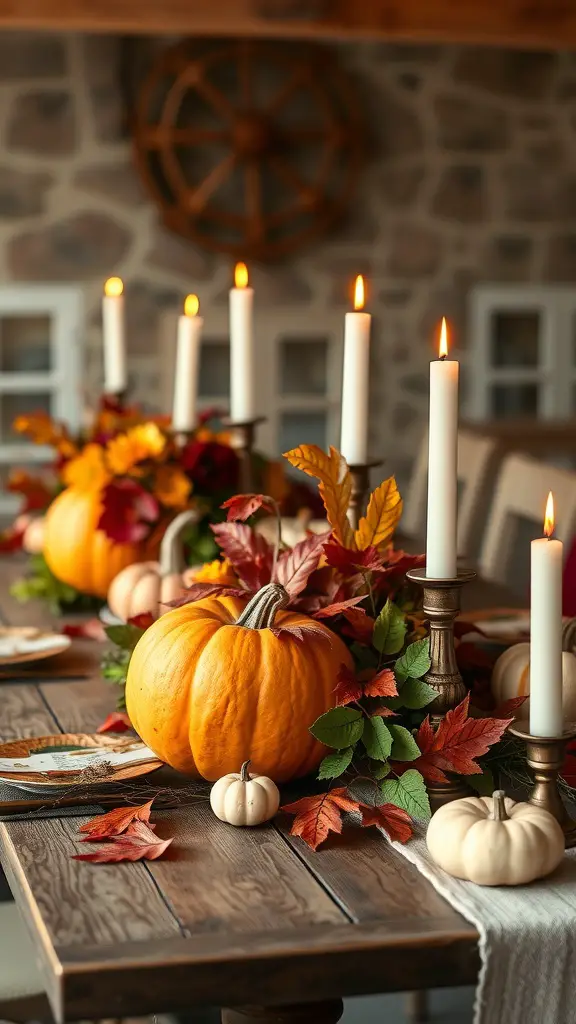 17 Creative Fall-Themed Baby Shower Ideas You’ll Love 4 A beautifully arranged autumn harvest centerpiece featuring pumpkins, colorful leaves, and candles on a rustic table.