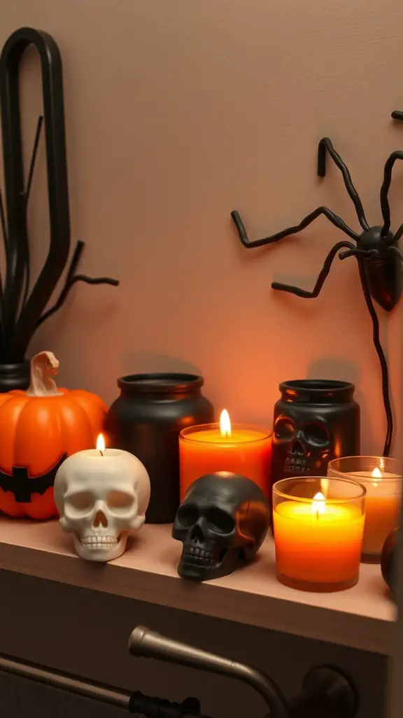 29 Spook-tacular Halloween Bathroom Decor Ideas 14 A Halloween-themed bathroom shelf with autumn scented candles, skulls, and a pumpkin.