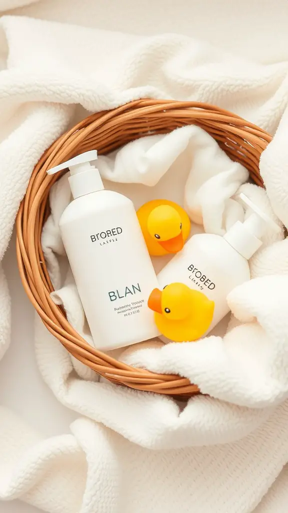 21 Thoughtful Baby Shower Basket Gift Ideas 2 A cozy basket with baby bath products, including two bottles of baby wash and a rubber duck, on a soft white blanket.