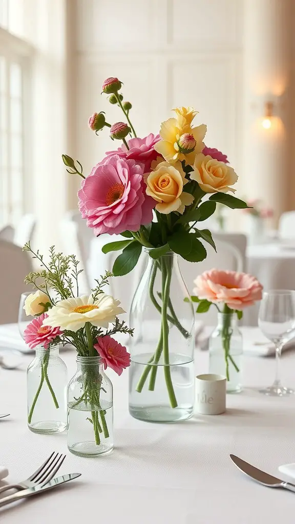 21 Adorable Baby Shower Table Centerpieces for Your Celebration 11 Colorful flowers arranged in glass bottles resembling baby bottles, set on a table for a baby shower.