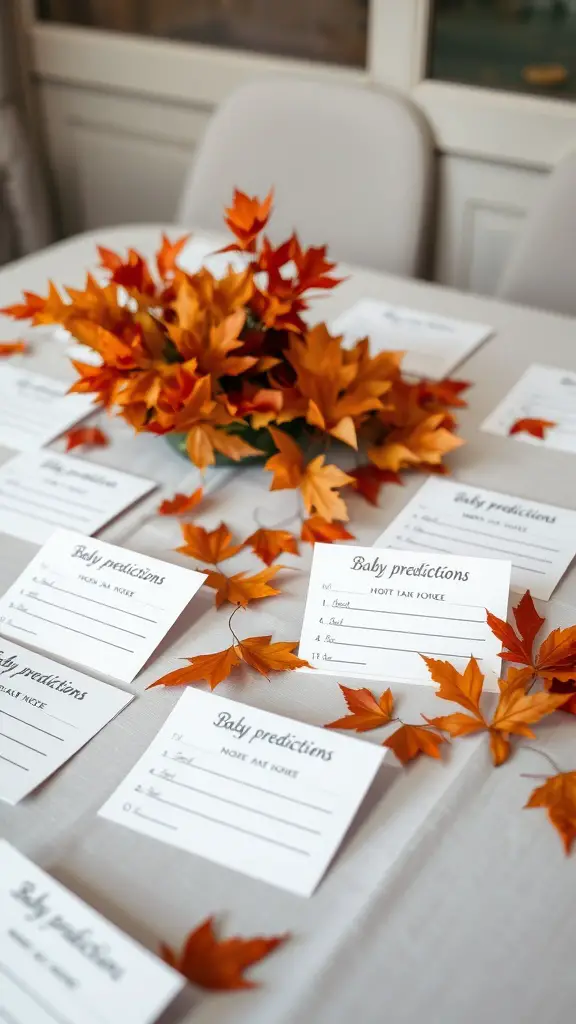 23 Creative Baby Shower Ideas for October Celebrations 12 Table with baby predictions and advice cards surrounded by autumn leaves