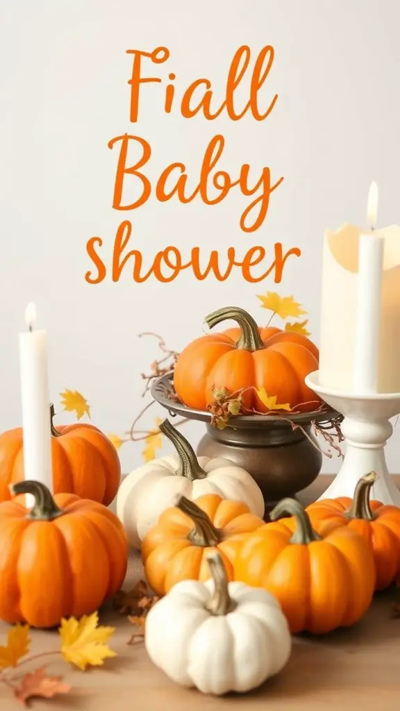 17 Creative Fall-Themed Baby Shower Ideas You’ll Love 8 A fall-themed baby shower display featuring pumpkins, candles, and autumn leaves.