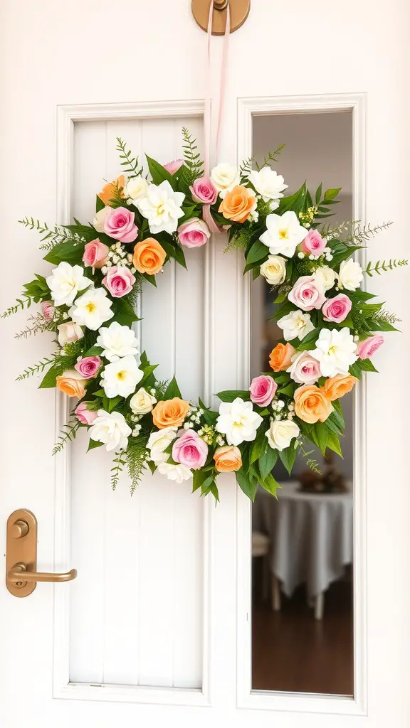 17 Adorable Floral Baby Shower Decorations You Need to Try 5 A colorful floral wreath featuring pink, orange, and white roses, hanging on a door.
