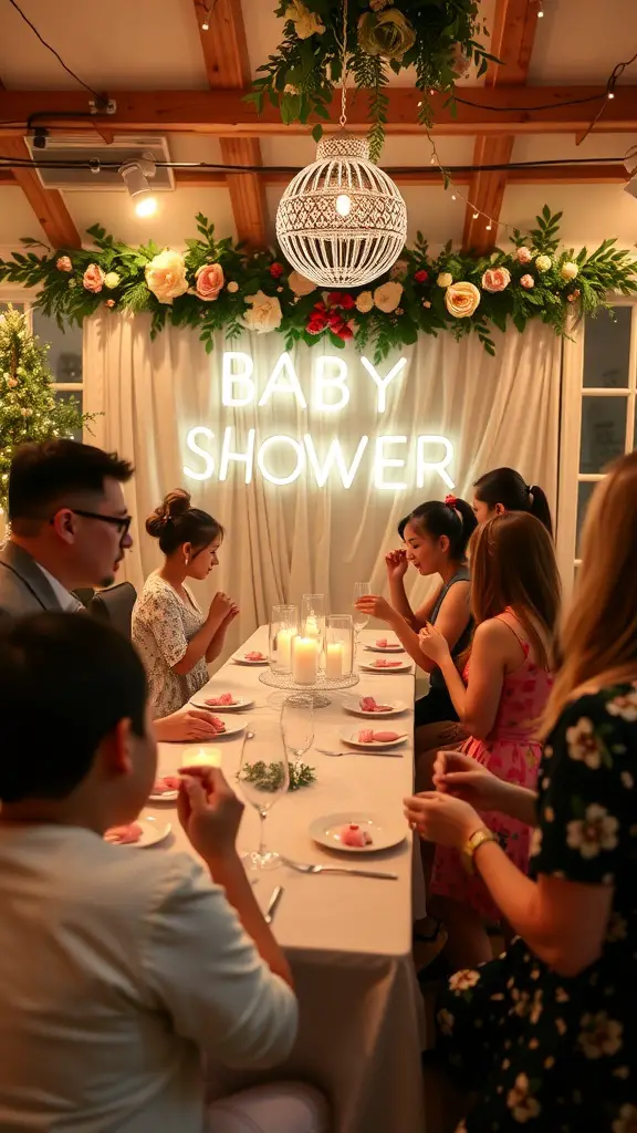 23 Creative Baby Shower Ideas for October Celebrations 10 A cozy baby shower gathering with guests enjoying food and games.