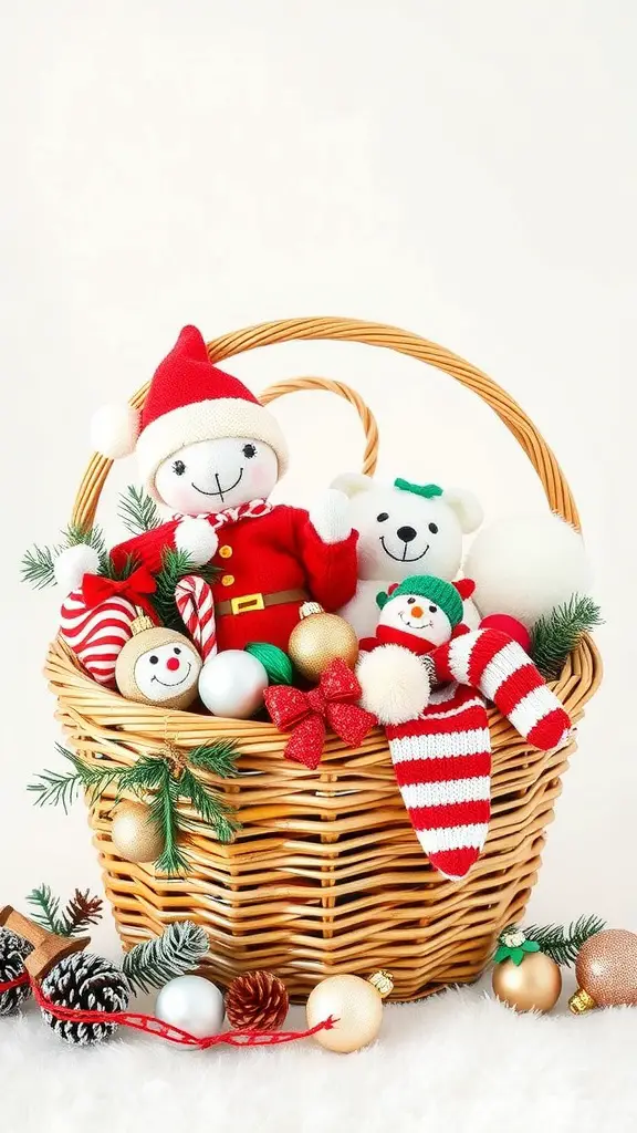21 Thoughtful Baby Shower Basket Gift Ideas 11 A festive basket filled with holiday-themed plush toys, ornaments, and decorations.