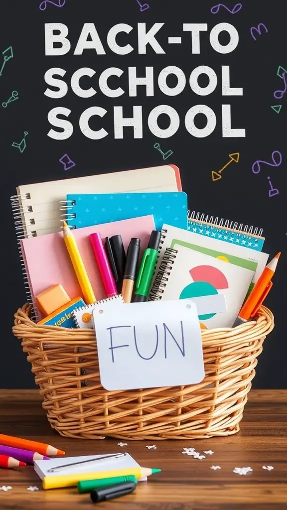 15 Creative Dollar Tree Gift Basket Ideas for Any Occasion 17 A basket filled with back-to-school supplies including notebooks, pens, and a sign that says 'FUN'.