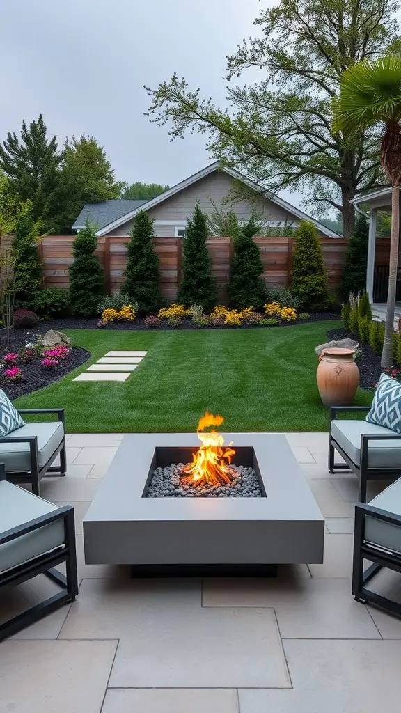 A modern smokeless fire pit surrounded by chairs in a well-maintained backyard with green grass and colorful flowers.