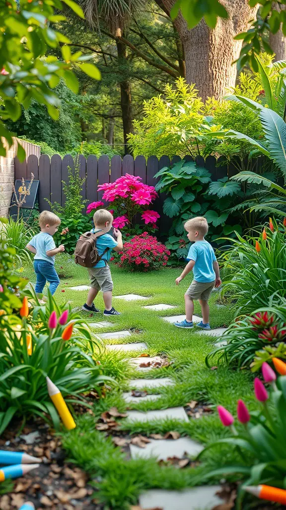 Three children exploring a colorful garden during a treasure hunt.