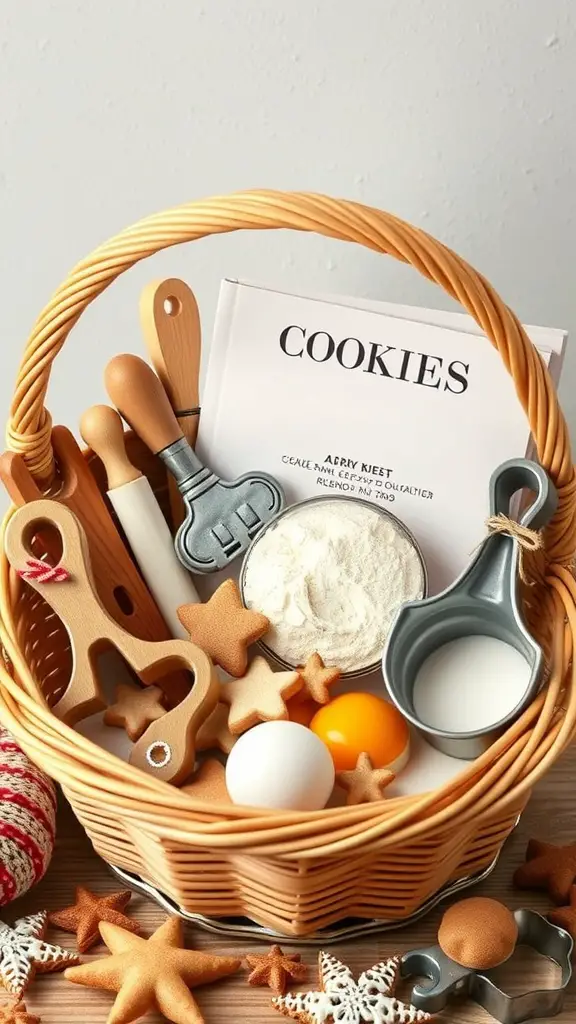 21 Creative Auction Basket Ideas You’ll Love 2 A wicker basket filled with baking tools and ingredients, including a cookbook, cookie cutters, flour, eggs, and milk.