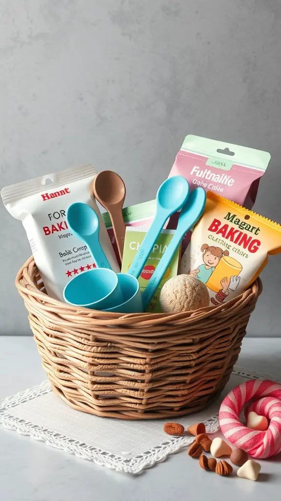 15 Creative Dollar Tree Gift Basket Ideas for Any Occasion 8 A wicker basket filled with baking essentials including measuring spoons and baking mixes.