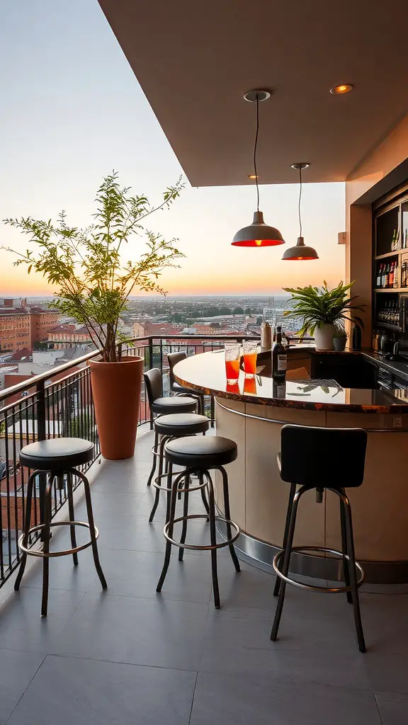 21 Creative Balcony Landscaping Ideas You’ll Love 13 Stylish balcony bar setup with stools, drinks, and potted plants