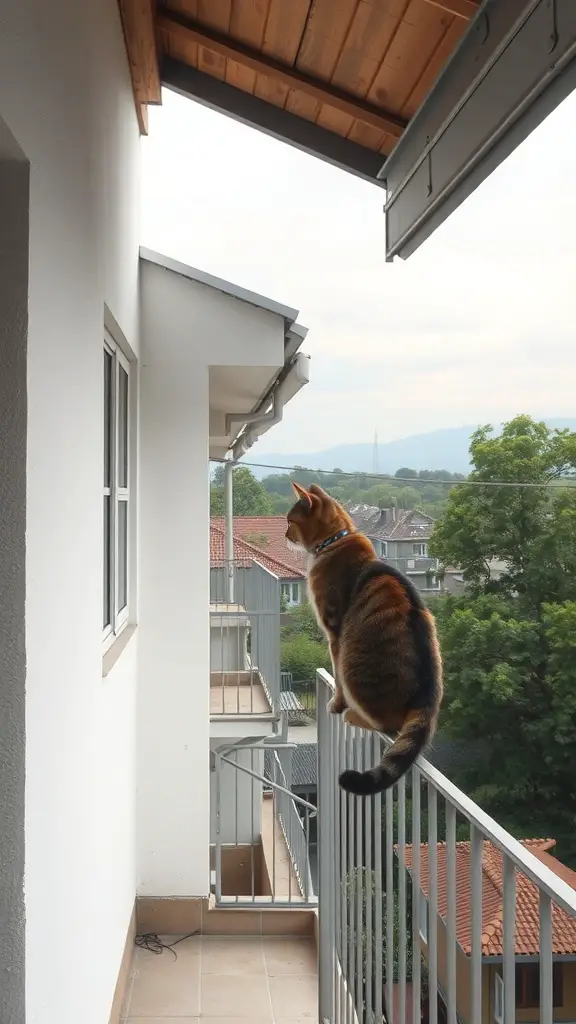 21 Creative Cat Balcony Ideas for a Purr-fect Outdoor Retreat 11 A cat sitting on a balcony railing, looking out at the view.
