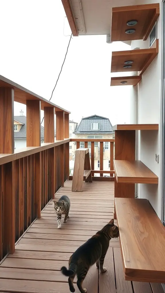 21 Creative Cat Balcony Ideas for a Purr-fect Outdoor Retreat 9 A balcony with wooden shelves for cats to walk on, featuring two cats exploring the space.
