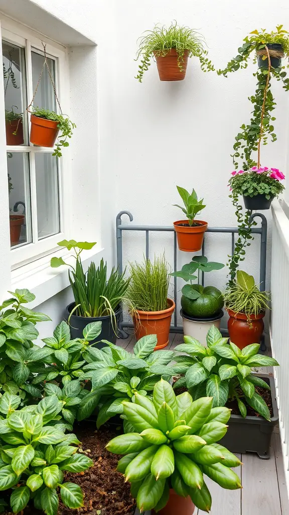 19 Must-Have Vegetables for Your Balcony Garden 17 A vibrant balcony vegetable garden with various plants in pots and hanging planters.