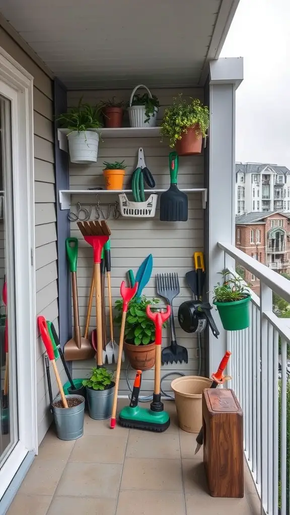 21 Creative Balcony Landscaping Ideas You’ll Love 17 A balcony with organized gardening tools and colorful plants in pots.