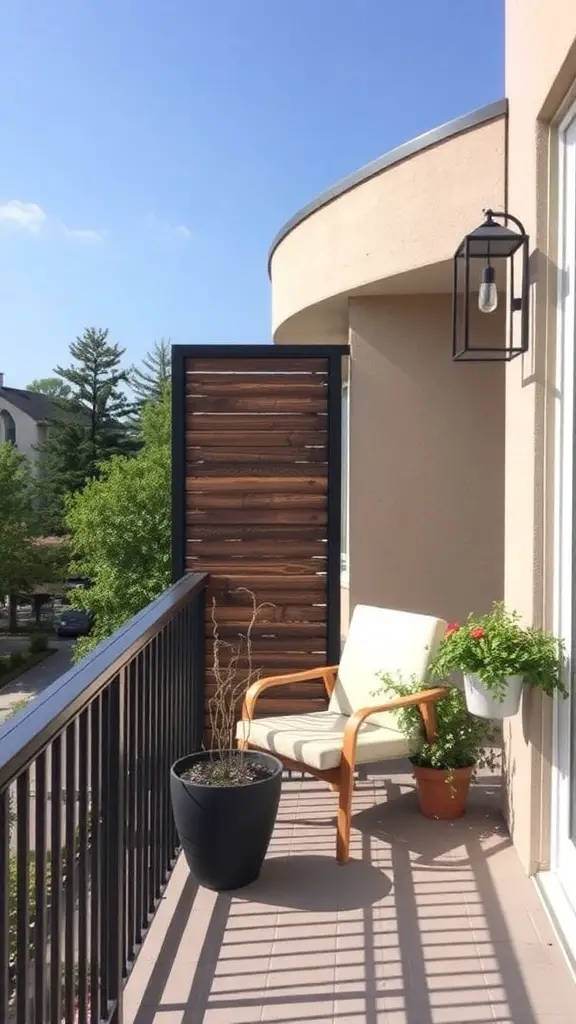 21 Creative Balcony Landscaping Ideas You’ll Love 14 A cozy balcony with a wooden privacy screen, a comfortable chair, and potted plants.