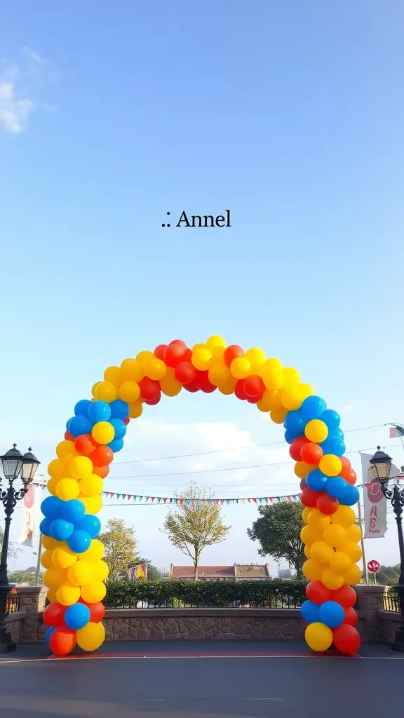 19 Adorable Winnie the Pooh Baby Shower Decoration Ideas 5 Colorful balloon arch in yellow, blue, and red, perfect for a Winnie the Pooh baby shower.