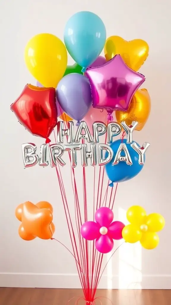 27+ Creative Birthday Decoration Ideas for an Unforgettable Celebration 12 A colorful balloon bouquet with 'HAPPY BIRTHDAY' in silver letters, featuring star-shaped and round balloons in various colors.