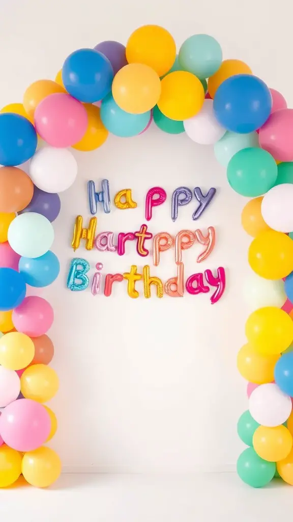 27+ Creative Birthday Decoration Ideas for an Unforgettable Celebration 2 A colorful balloon garland arch with the words 'Happy Birthday' in metallic letters.