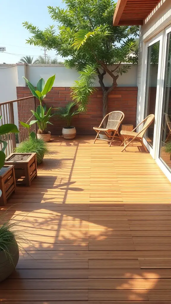 27 Affordable Patio Floor Ideas That Transform Your Outdoor Space 13 A bamboo patio floor surrounded by plants and chairs, showcasing an eco-friendly outdoor space.