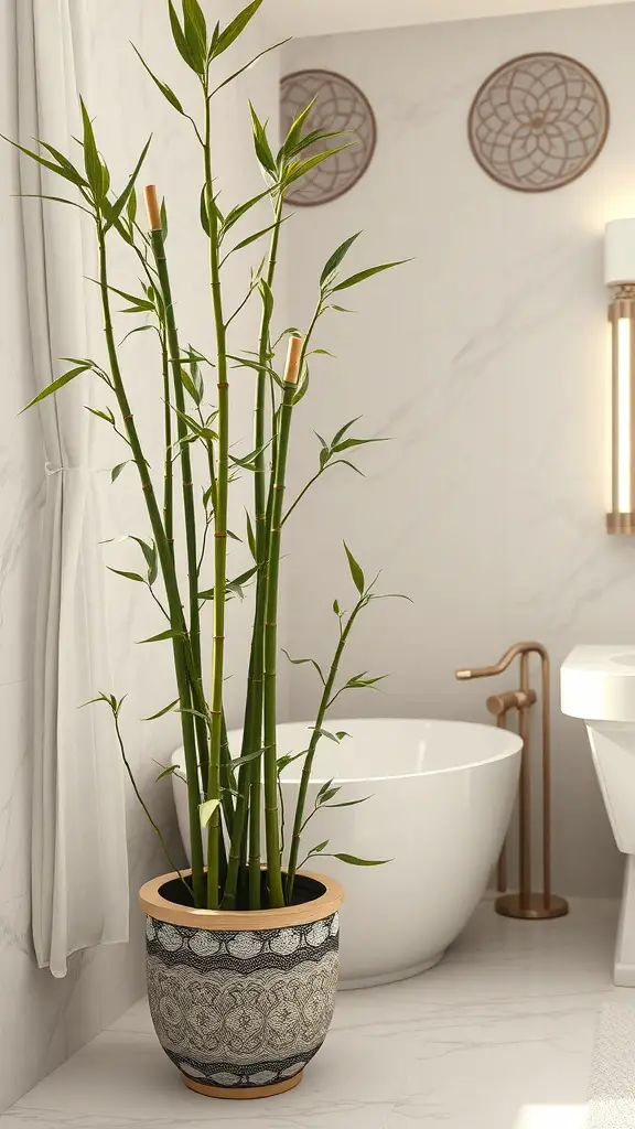 21 Stunning Bathroom Plants for a Fresh and Lively Space 2 A bamboo plant in a stylish pot in a modern bathroom setting.