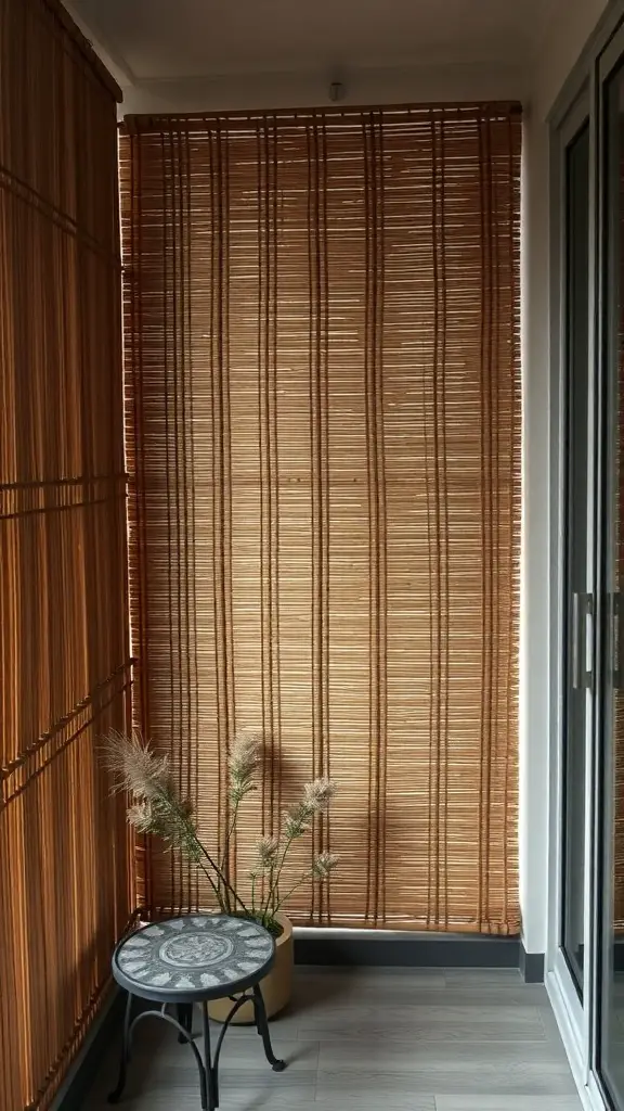 23 Creative Small Balcony Decor Ideas You Need to Try 17 A bamboo privacy screen on a small balcony with a decorative table and potted plants.