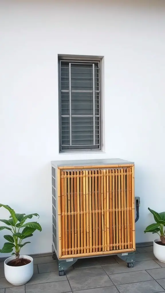 17 Creative Landscaping Ideas to Hide Your AC Unit 14 Bamboo screen enclosure around an air conditioning unit with potted plants
