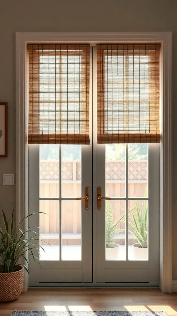 21 Creative French Door Privacy Ideas for Your Home 11 Bamboo shades covering French doors with plants in the background