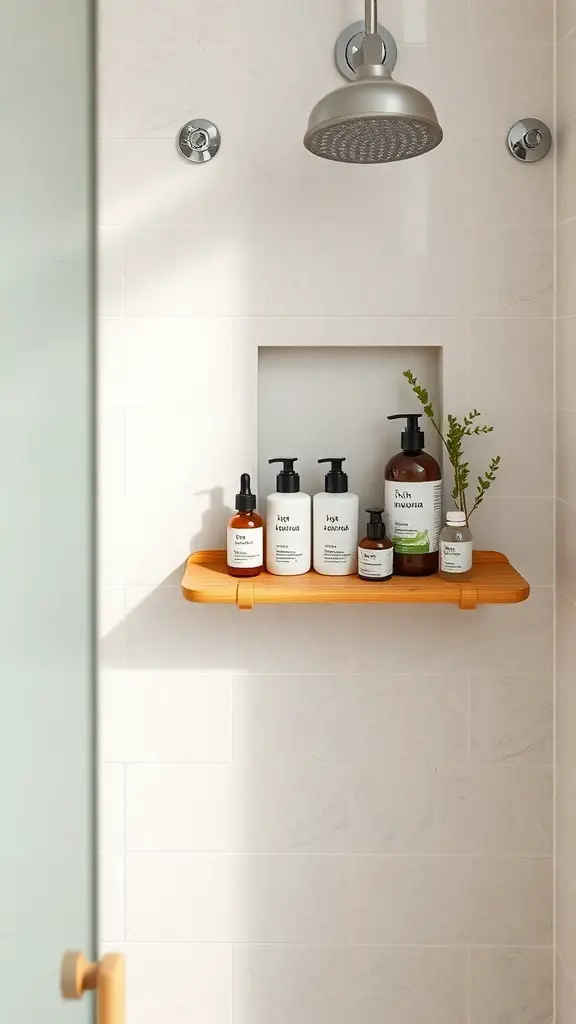 15+ Stylish Shower Storage Ideas to Maximize Space 17 Bamboo shower shelf with various bottles and a small plant