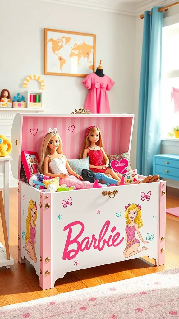 17 Creative Storage Ideas for Your Barbie Collection 5 A colorful Barbie-themed toy chest with dolls and accessories inside, set in a bright room.