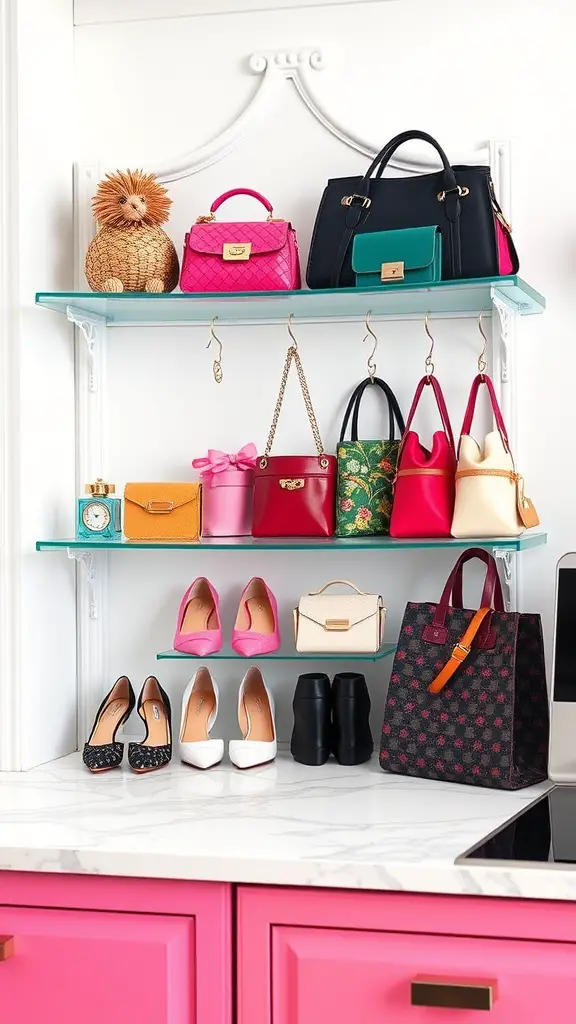 17 Creative Storage Ideas for Your Barbie Collection 12 Colorful Barbie accessory organizer with bags and shoes on display