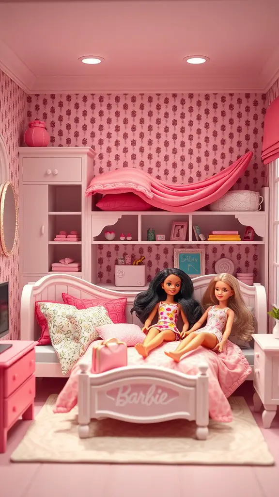 17 Creative Storage Ideas for Your Barbie Collection 14 A pink Barbie bedroom play set featuring two dolls sitting on a bed, surrounded by stylish storage options.