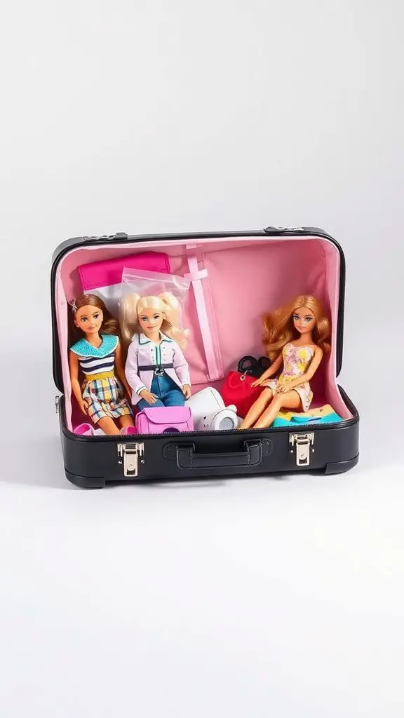 17 Creative Storage Ideas for Your Barbie Collection 2 A black travel carrying case with a pink interior, containing three Barbie dolls and various accessories.