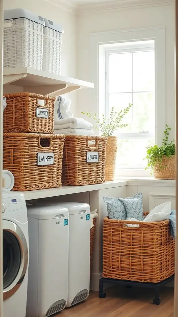 23+Creative Laundry Room Storage Ideas You Need to Try 6 A tidy laundry room with wicker baskets and white bins for sorting laundry.