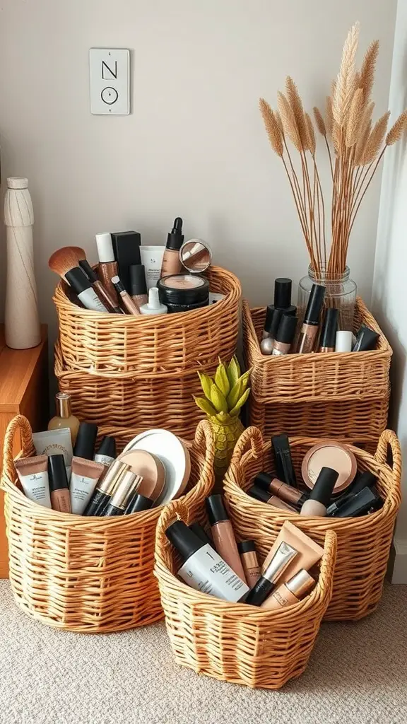 19+Creative Makeup Storage Ideas You Need to Try 12 A collection of woven baskets filled with various makeup products, showcasing a bohemian style.