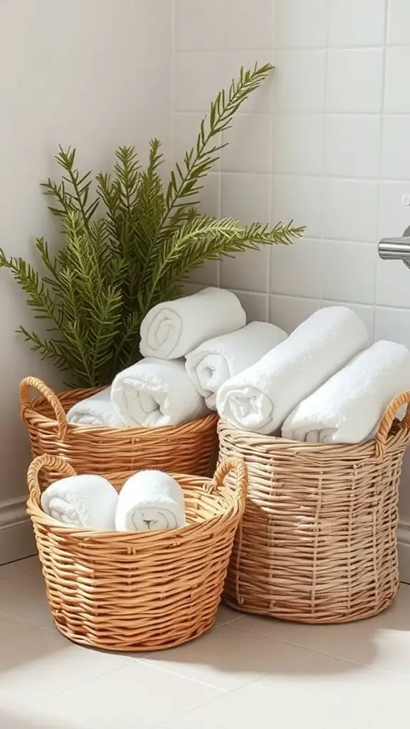 Woven baskets filled with rolled towels next to a green plant in a bathroom setting.