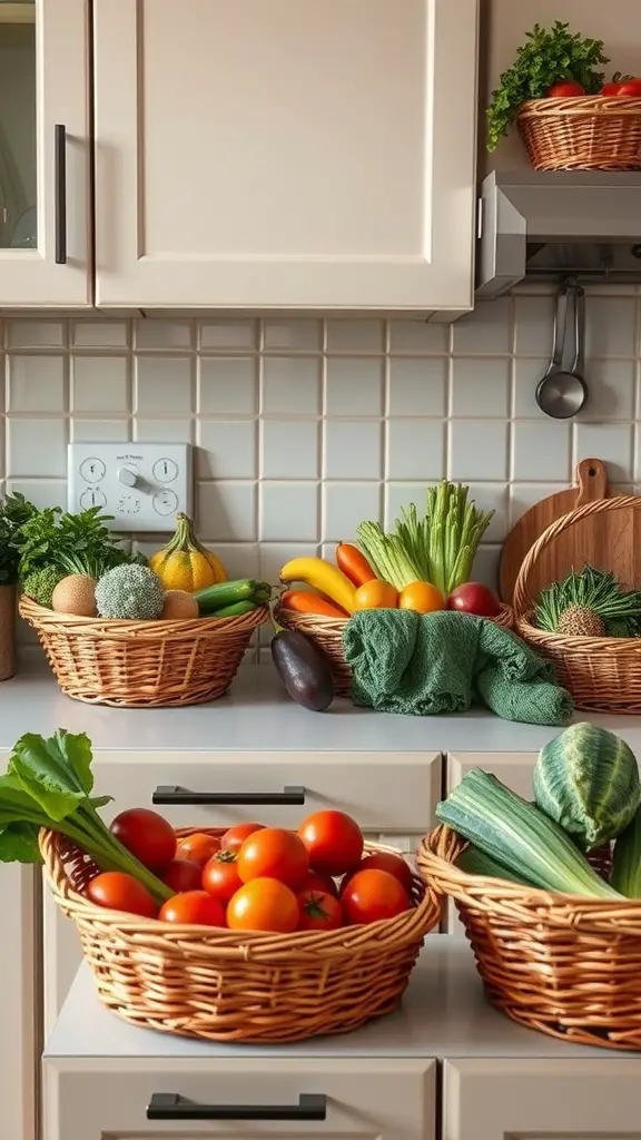 17 Smart Small Kitchen Storage Ideas You’ll Love 15 A kitchen countertop with various baskets filled with fresh fruits and vegetables.