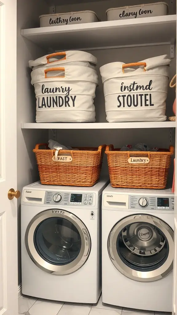 23 Creative Laundry Room Storage Ideas You Need to Try 4 Laundry room with labeled baskets for sorting clothes