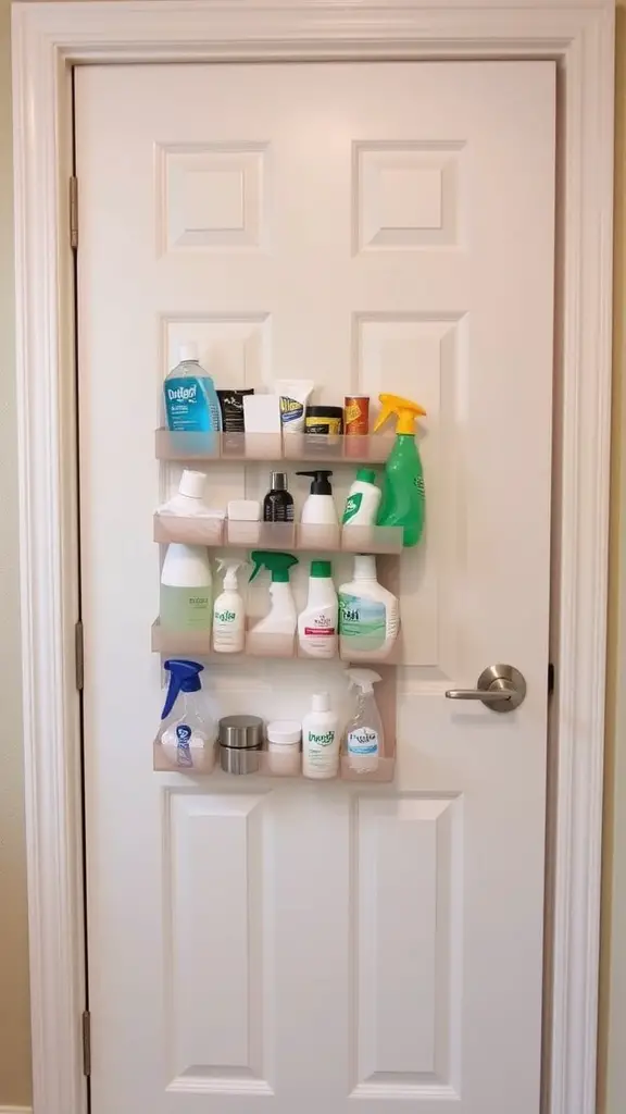 A door-mounted organizer with various cleaning supplies and personal care items.