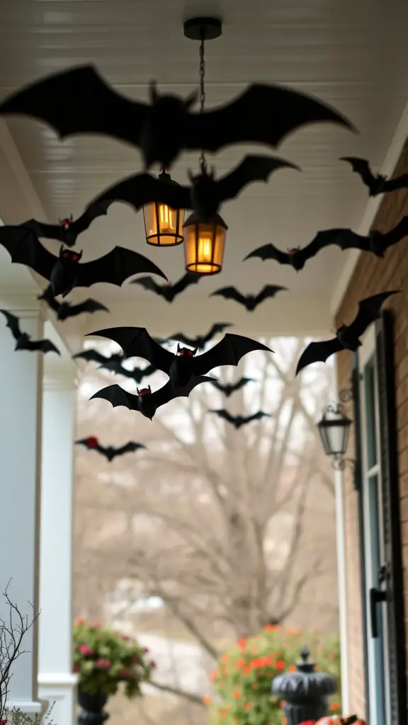 A porch decorated with flying bats hanging from the ceiling, illuminated by lanterns.