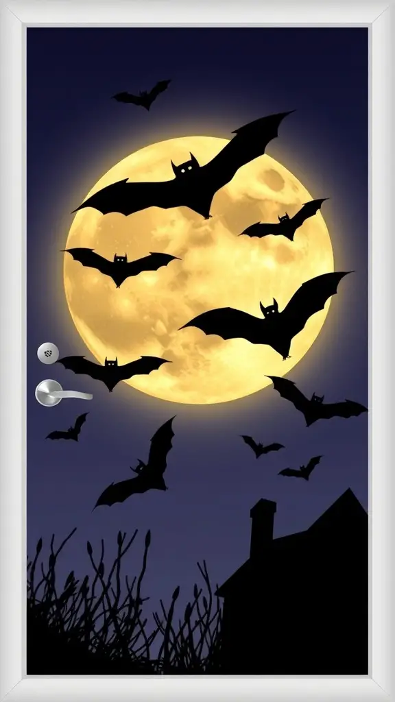 A door hanger featuring bats flying in front of a full moon at night.