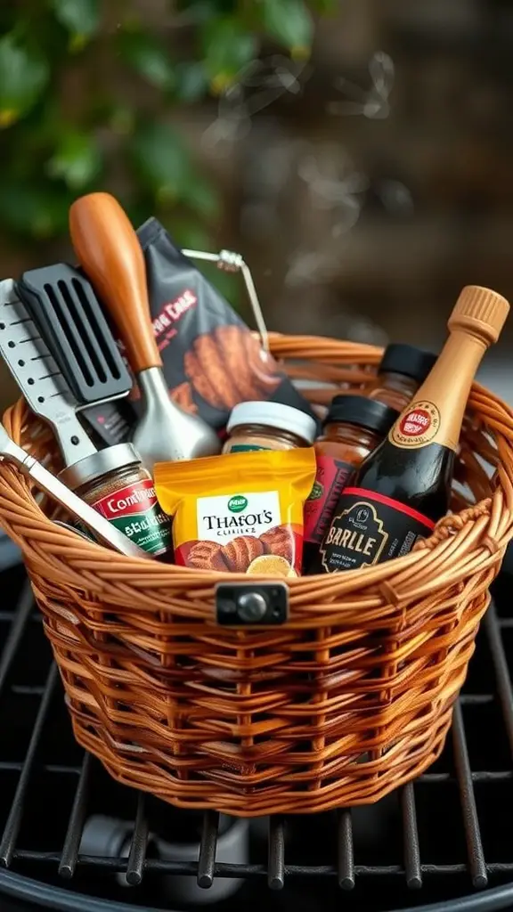 21 Creative Auction Basket Ideas You’ll Love 12 A BBQ Grill Master Basket filled with grilling tools and sauces on a grill.