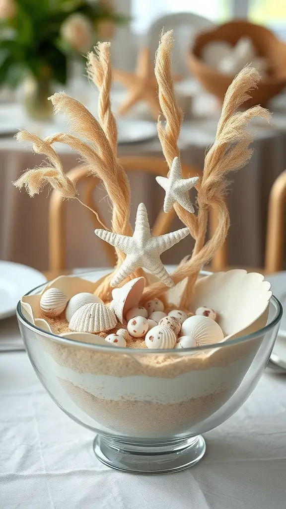 23 Stunning Dollar Tree Centerpieces You Can DIY 13 A beach-inspired centerpiece featuring layers of sand and shells in a clear glass bowl, topped with starfish and pampas grass.