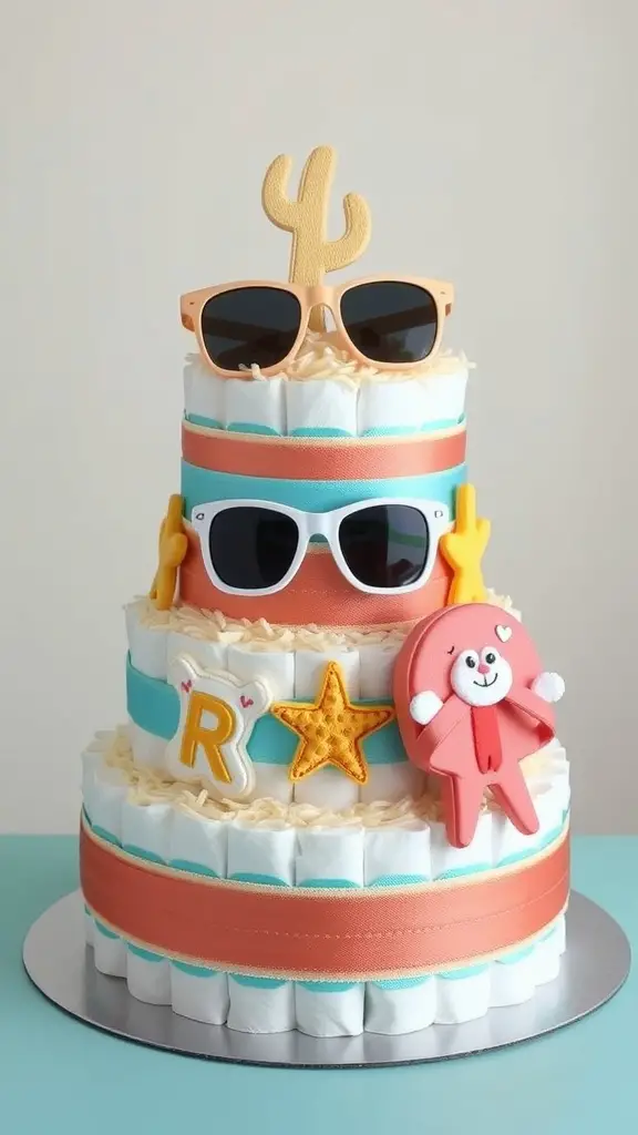 21 Coastal Baby Shower Theme Ideas You’ll Love 13 A colorful beach-themed diaper cake decorated with sunglasses, a starfish, and a cactus.