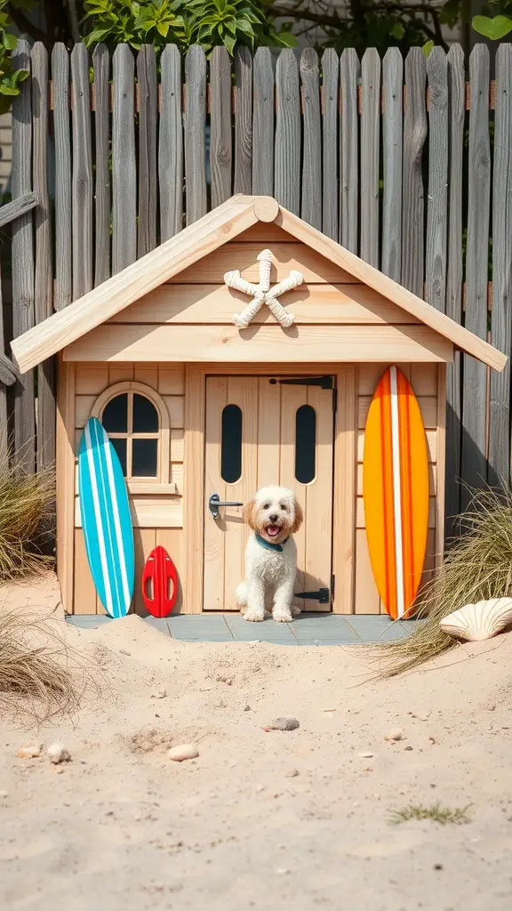 17+ Creative Outside Dog House Ideas for Your Furry Friend 13 A beach-themed dog house with surfboards and a starfish decoration, featuring a happy dog sitting at the entrance.