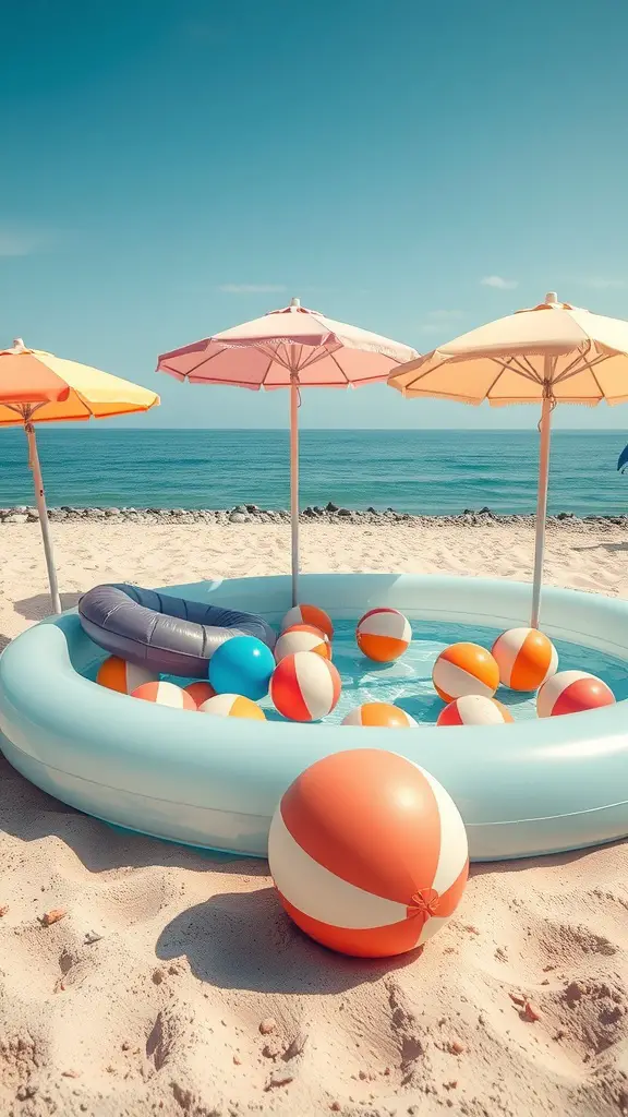 A beach-themed inflatable pool with colorful beach balls and umbrellas by the shore.