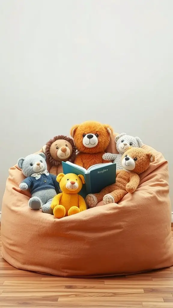 21 Creative Stuffed Animal Storage Ideas for a Tidy Space 10 A cozy orange bean bag chair filled with various stuffed animals, creating a playful and inviting atmosphere.