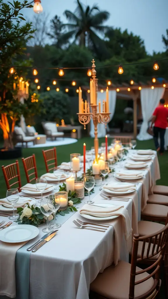 21 Creative Ideas for a Stunning Backyard Micro Wedding 17 A beautifully set dinner table in a backyard with candles, flowers, and string lights.