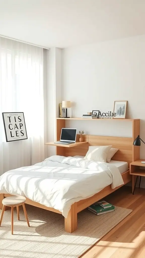 25+Creative Bed Frame with Storage Ideas You’ll Love 14 A bedroom featuring a wooden bed frame with integrated desk space, soft bedding, and a side table.